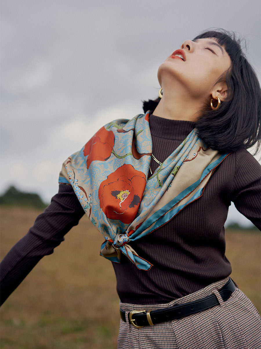 Chowxiaodou Rose Print Twill Silk Square Scarf-Bronze Blue