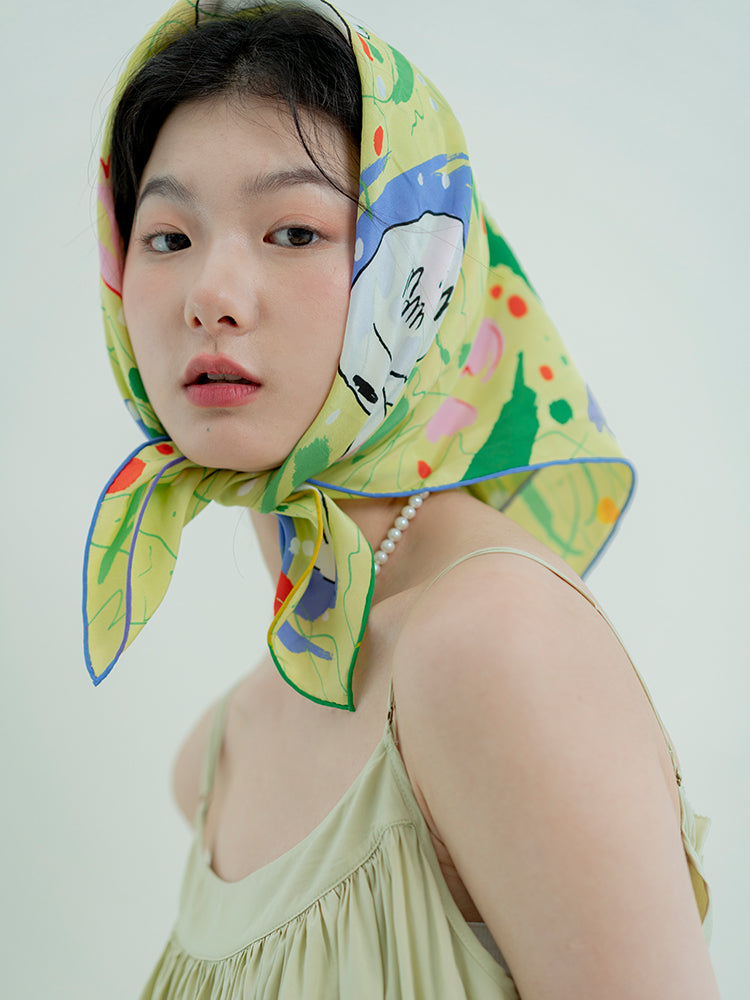 Chowxiaodou Swan Lake Series Twill Silk Square Scarf-Green