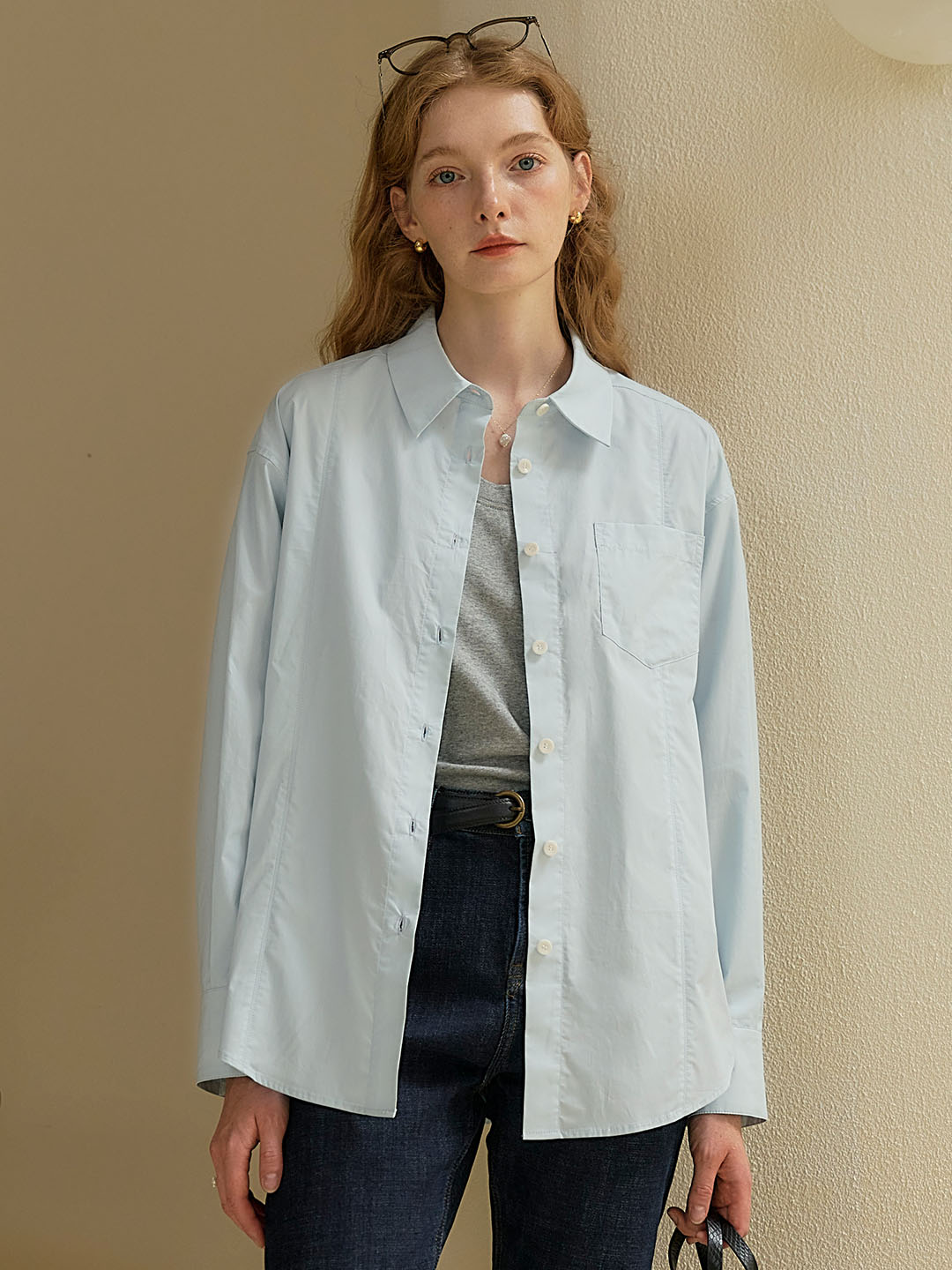 Cynthia Classic LOGO Embroidered Slit Cotton Light Blue Shirt