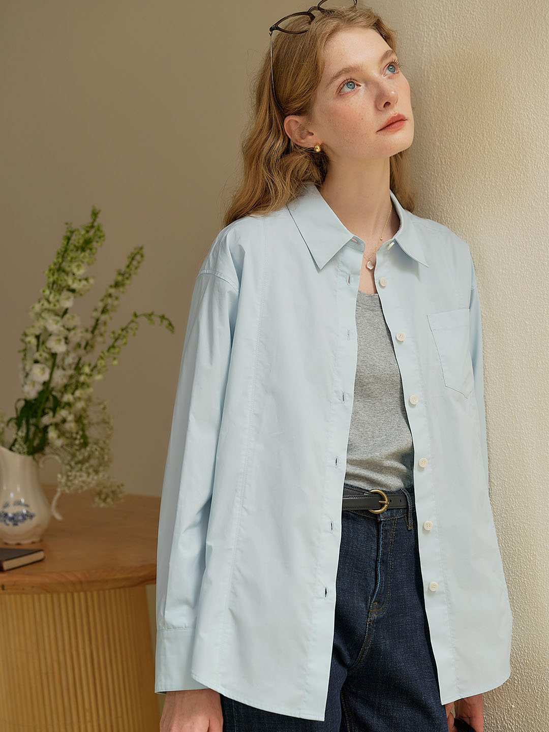 Cynthia Classic LOGO Embroidered Slit Cotton Light Blue Shirt