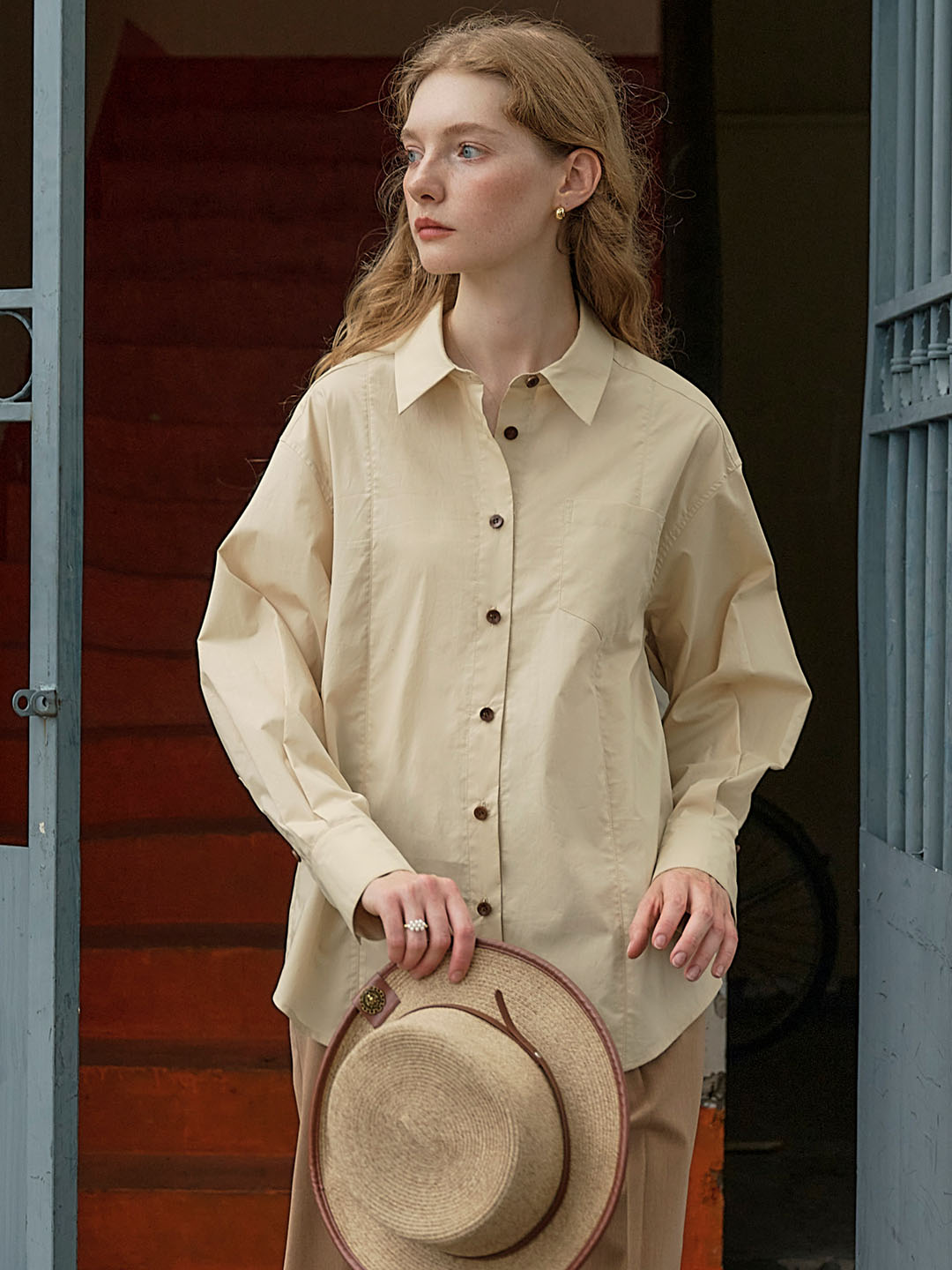 Cynthia Classic LOGO Embroidered Slit Cotton Light Yellow Shirt