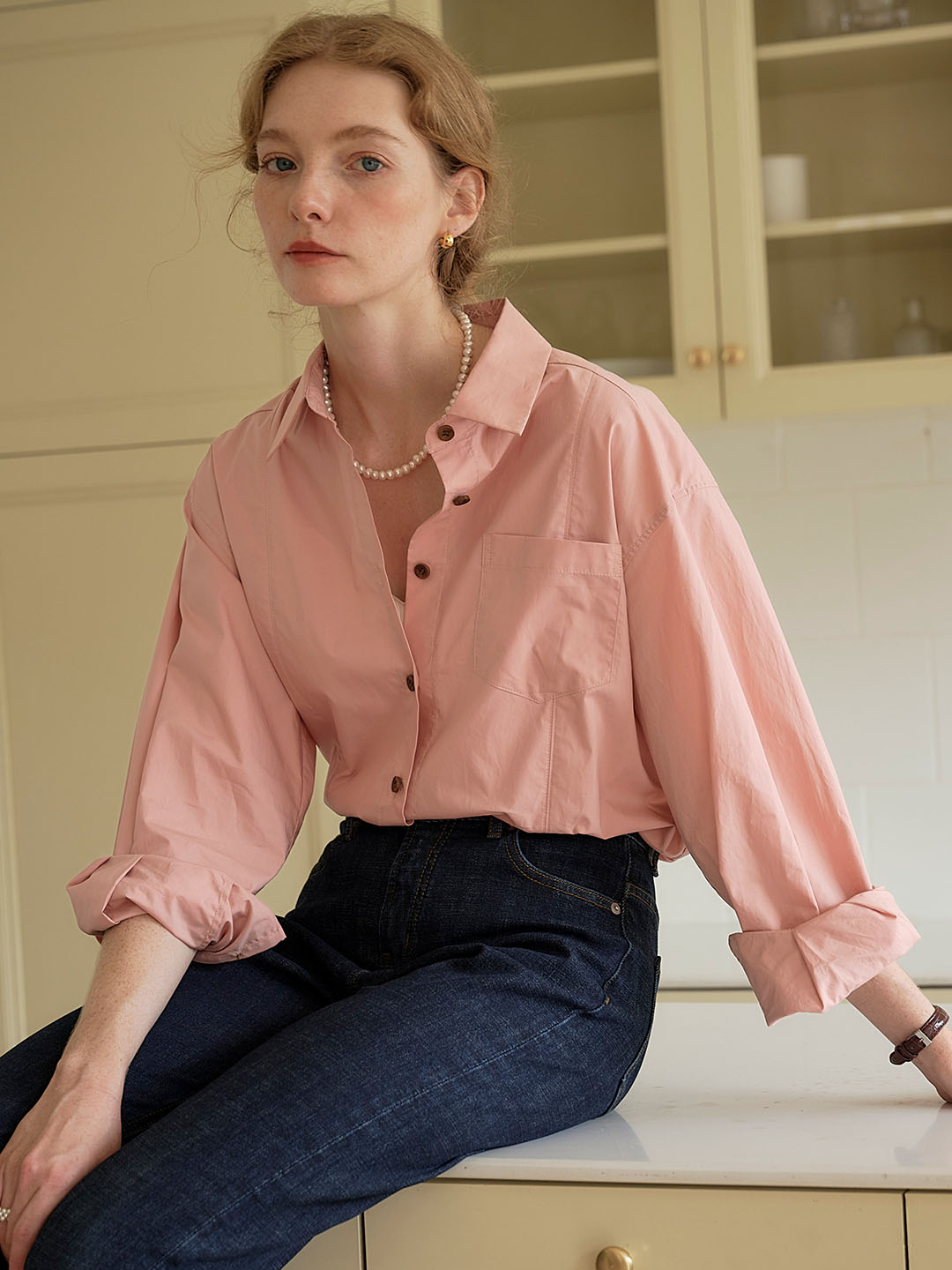 Cynthia Classic LOGO Embroidered Slit Cotton Pink Shirt