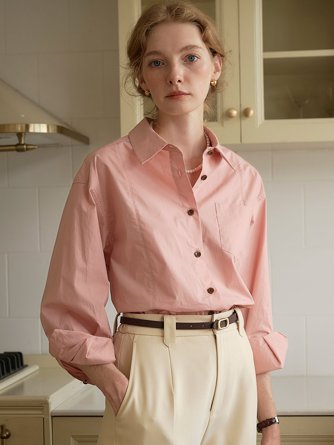 Cynthia Classic LOGO Embroidered Slit Cotton Pink Shirt