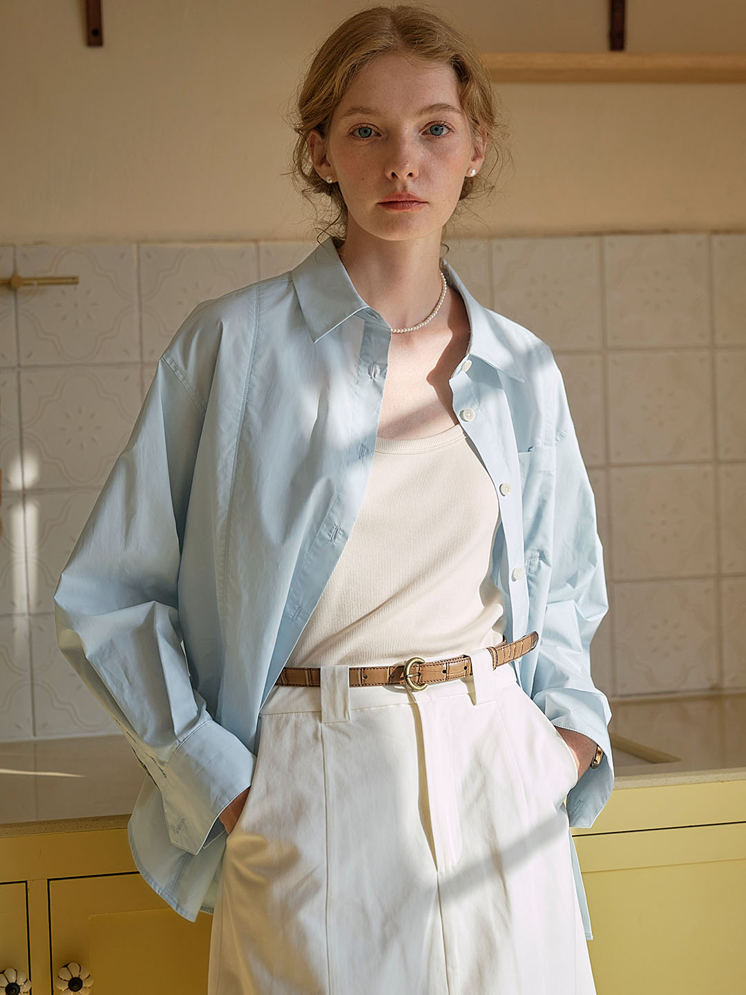 Cynthia Classic LOGO Embroidered Slit Cotton Light Blue Shirt