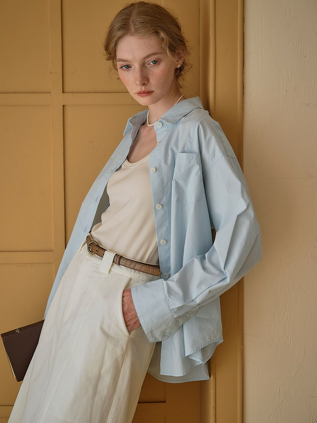 Cynthia Classic LOGO Embroidered Slit Cotton Light Blue Shirt