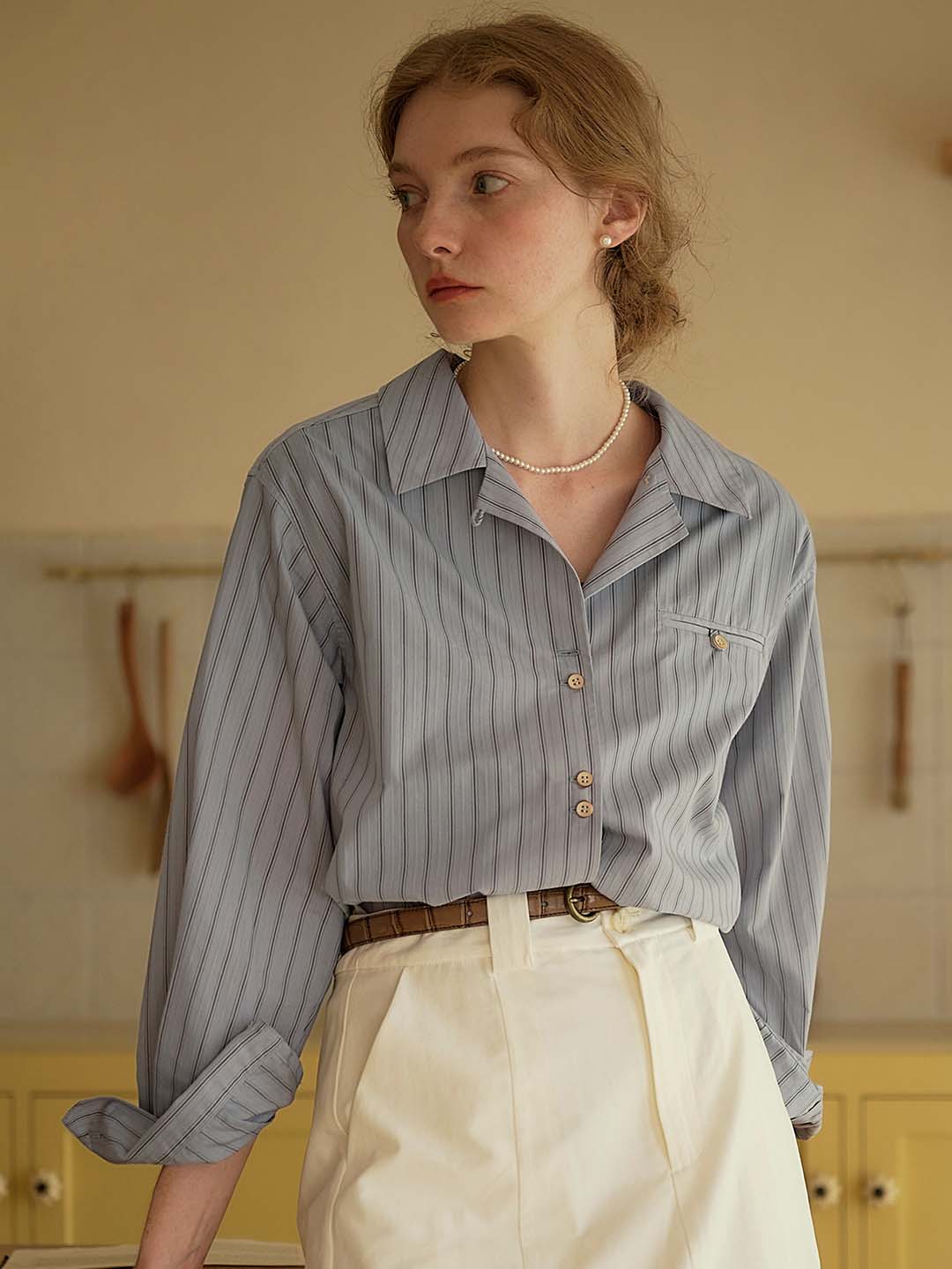【Final Sale】Georgina Vintage Classic Suit Collar Striped Shirt