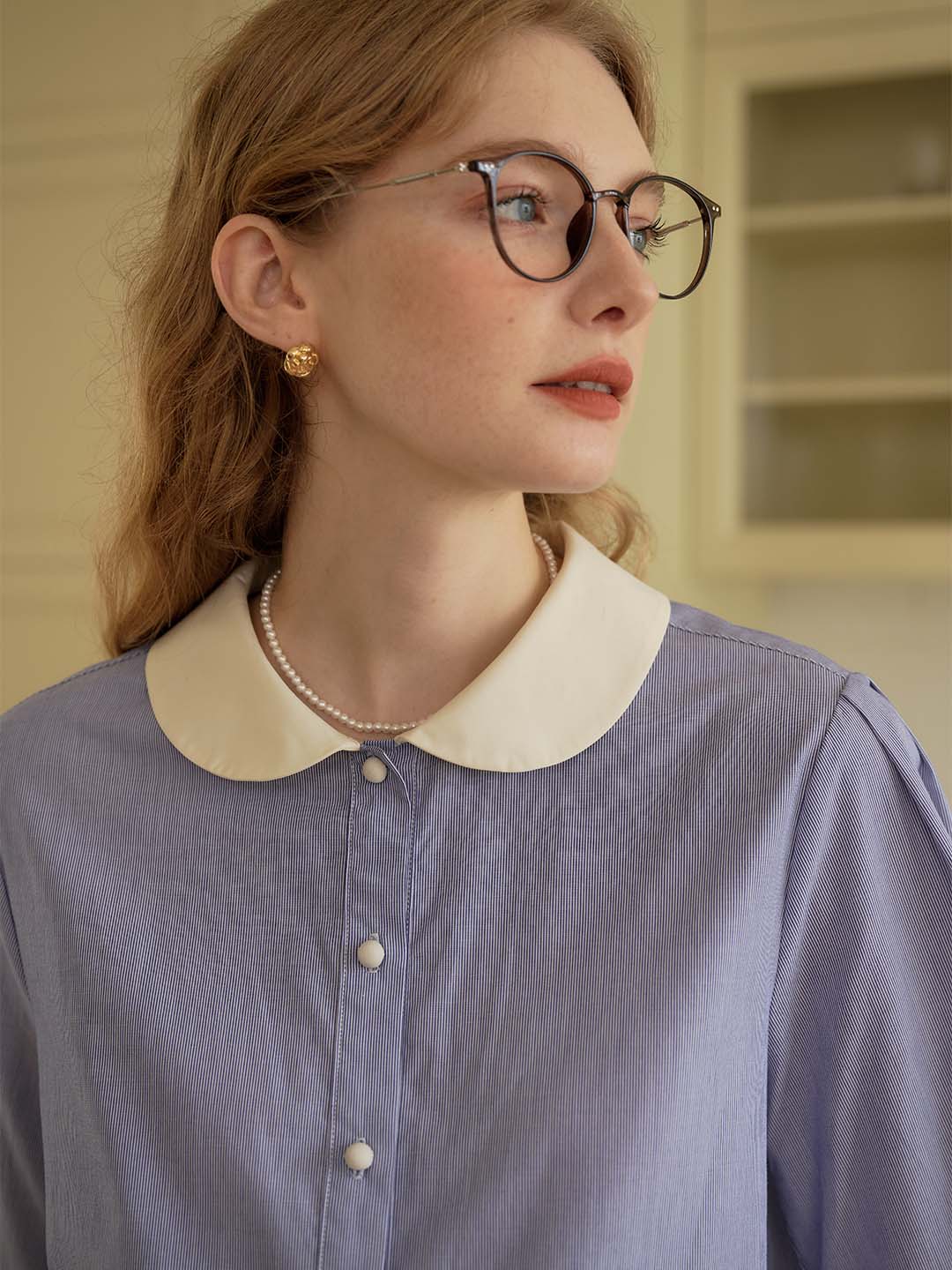 Luz Blue & White Striped Peter Pan Collar Contrast Cotton Shirt