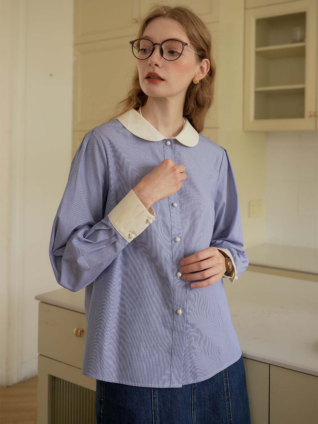 Luz Blue & White Striped Peter Pan Collar Contrast Cotton Shirt