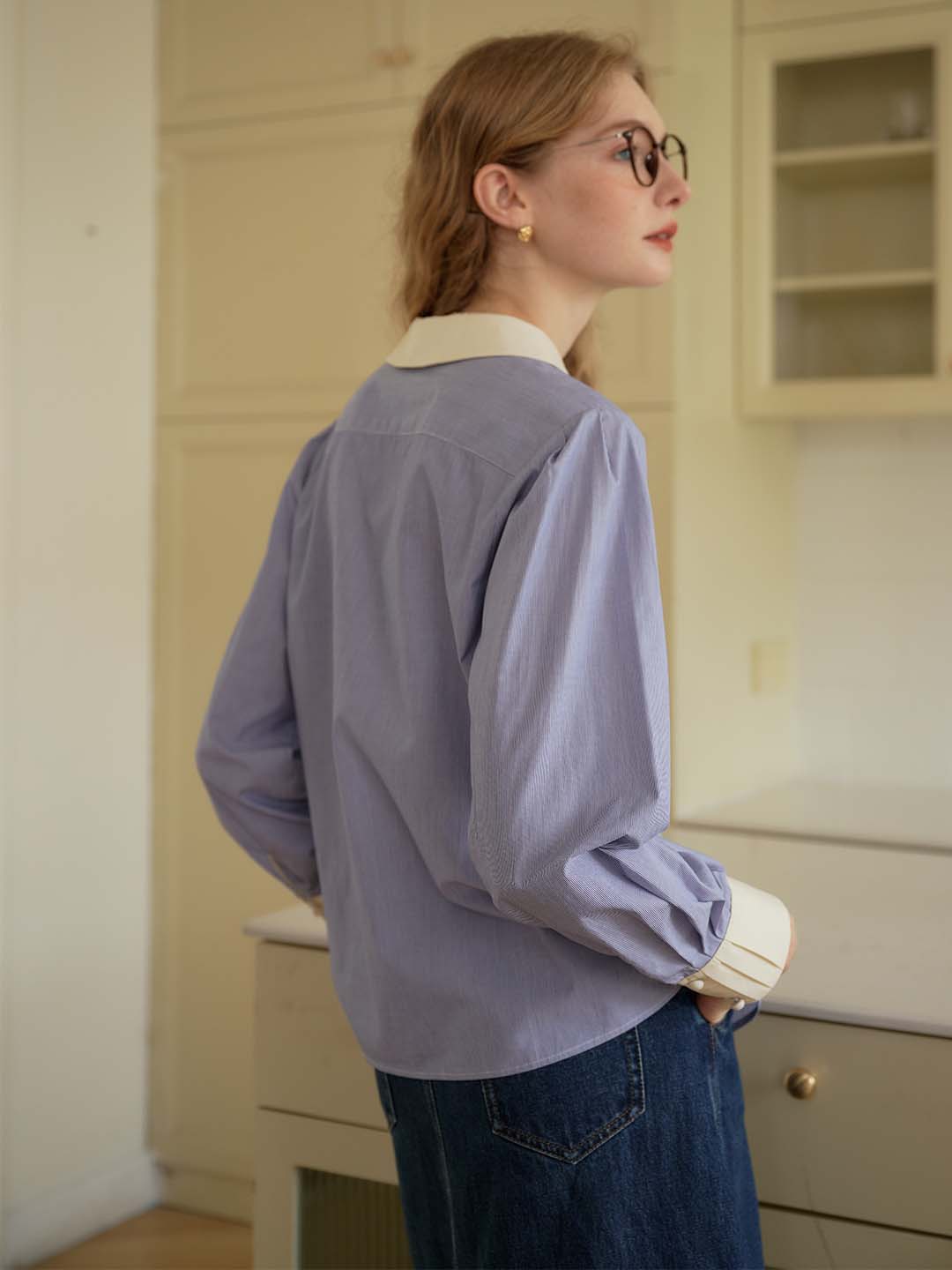 Luz Blue & White Striped Peter Pan Collar Contrast Cotton Shirt