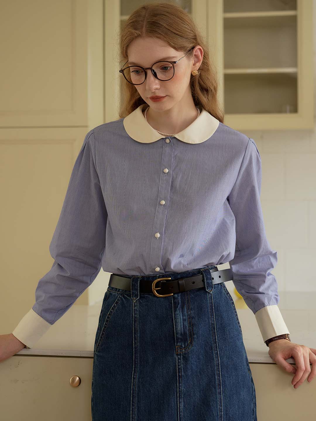 Luz Blue & White Striped Peter Pan Collar Contrast Cotton Shirt