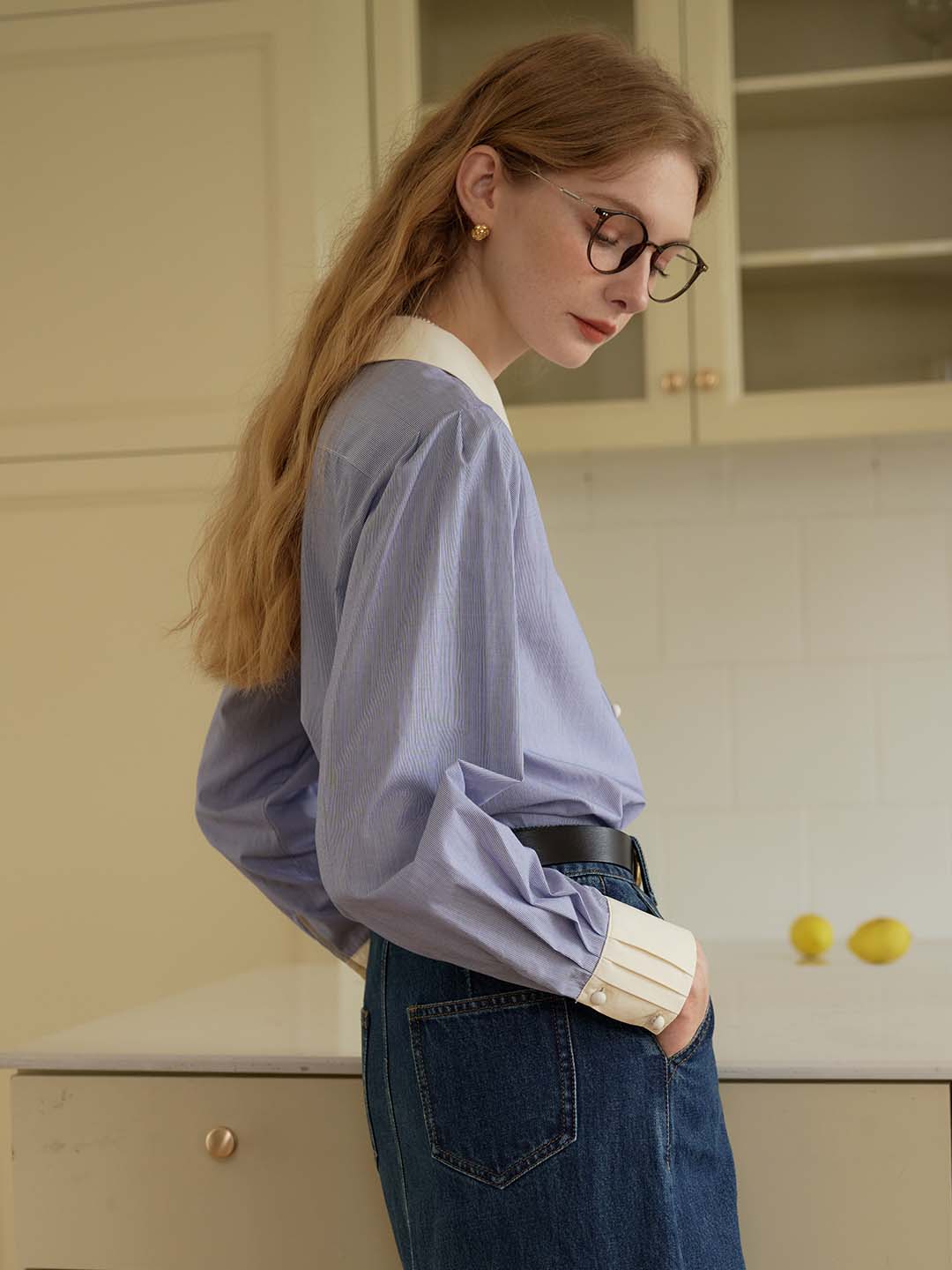 Luz Blue & White Striped Peter Pan Collar Contrast Cotton Shirt