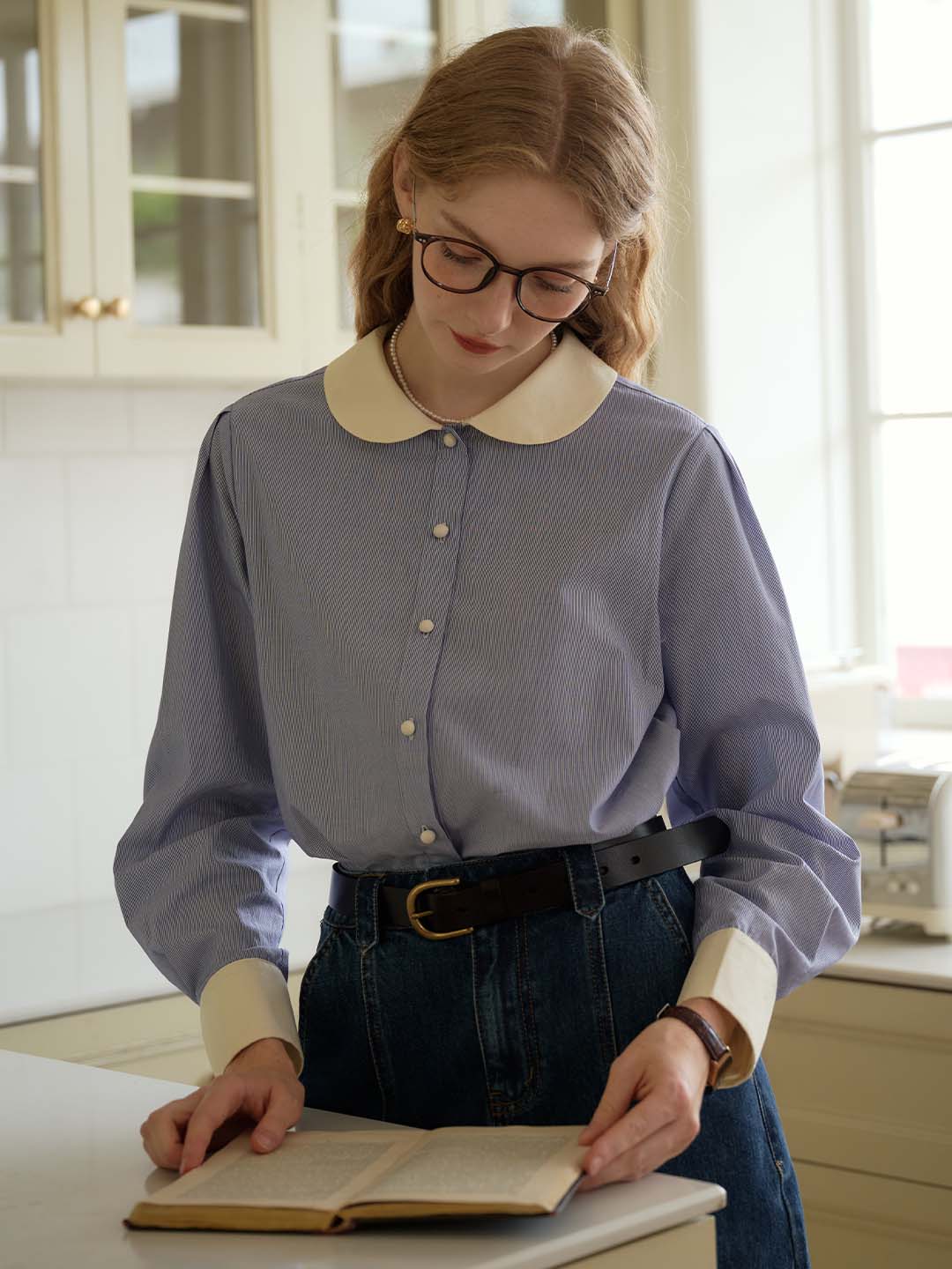 Luz Blue & White Striped Peter Pan Collar Contrast Cotton Shirt