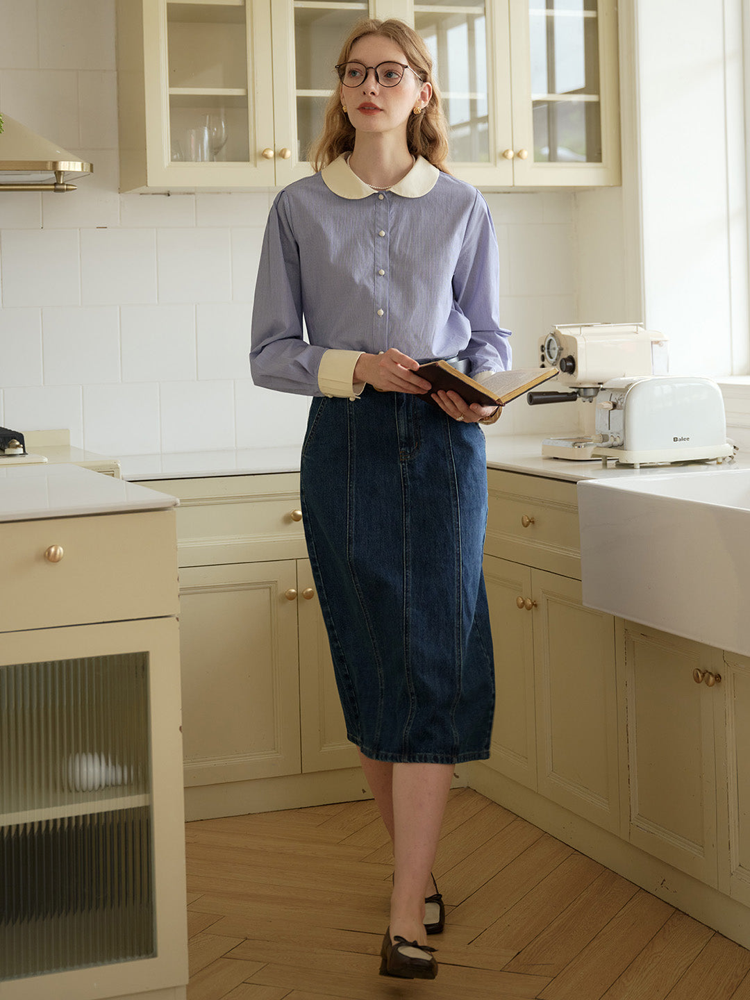 Luz Blue & White Striped Peter Pan Collar Contrast Cotton Shirt