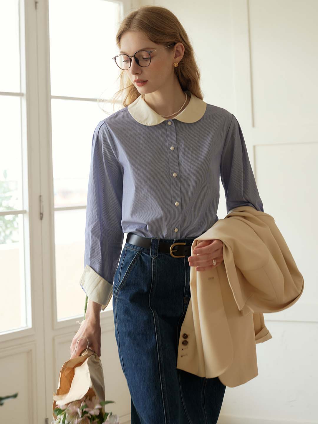 Luz Blue & White Striped Peter Pan Collar Contrast Cotton Shirt