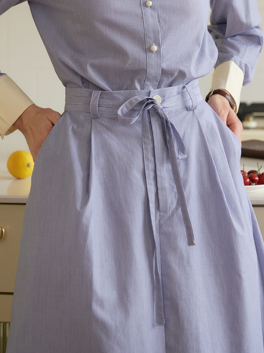 Brylee Cotton Blue & White Striped High Waist Belted Skirt