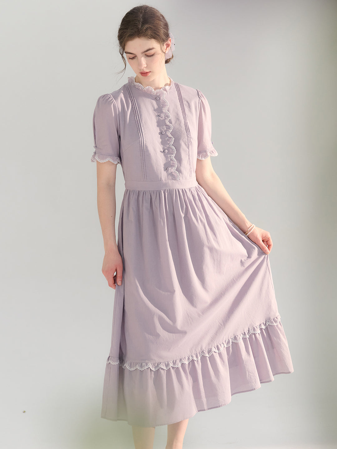 Averi Vintage Lace Panel Cotton Purple Dress