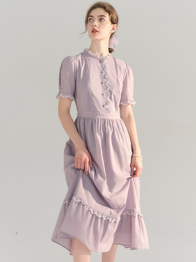 Averi Vintage Lace Panel Cotton Purple Dress