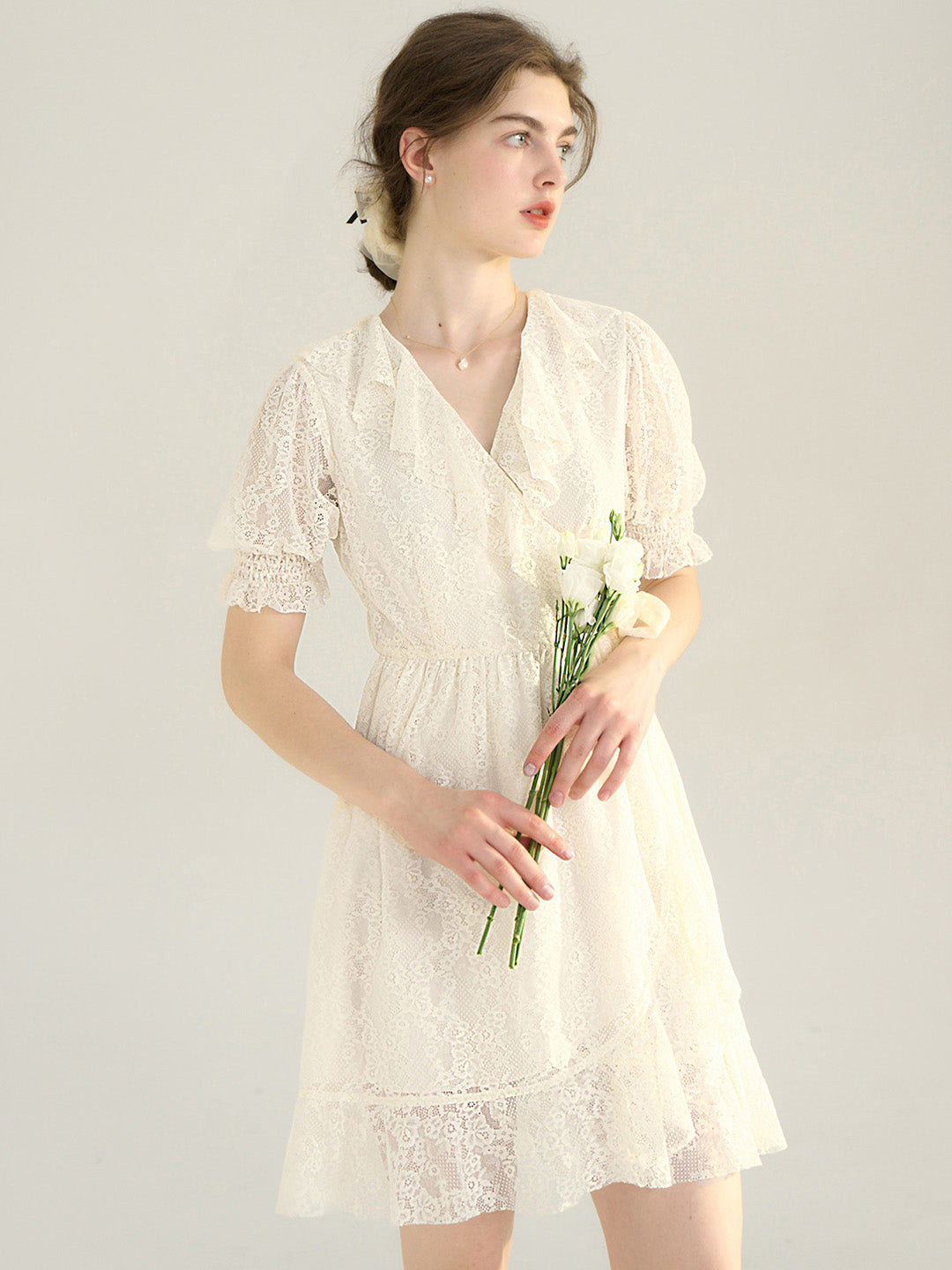 【Final Sale】Emberlynn V Neck Puff Sleeve Lace Dress