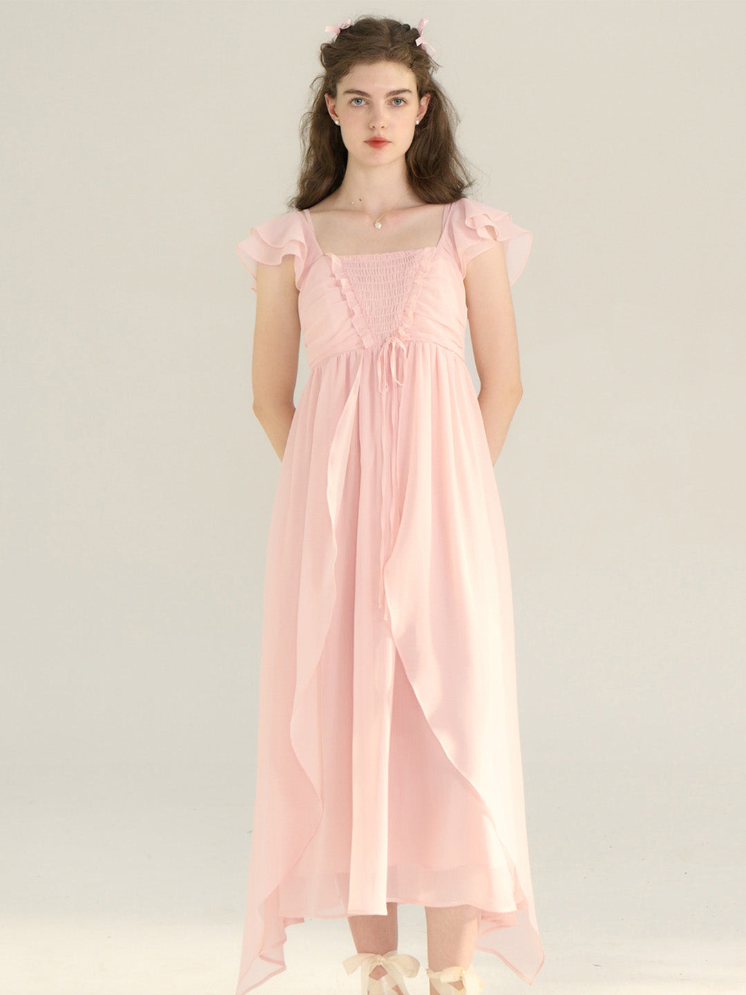 【Final Sale】Ariah Romantic Square Neck Ruffle Sleeves Pink Dress