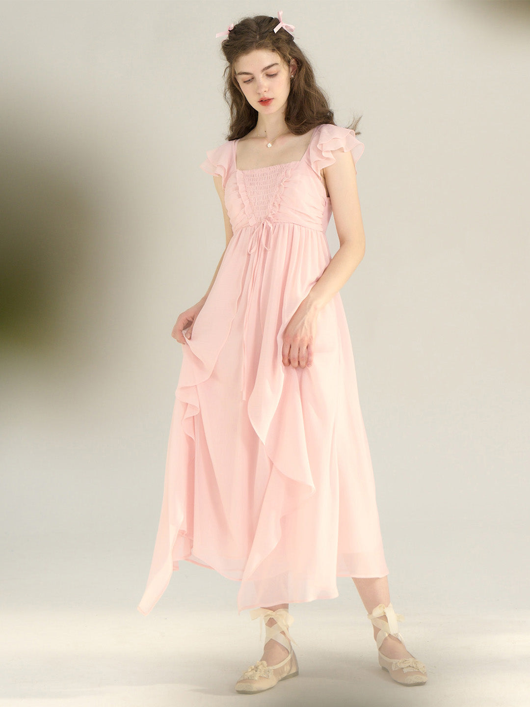 【Final Sale】Ariah Romantic Square Neck Ruffle Sleeves Pink Dress