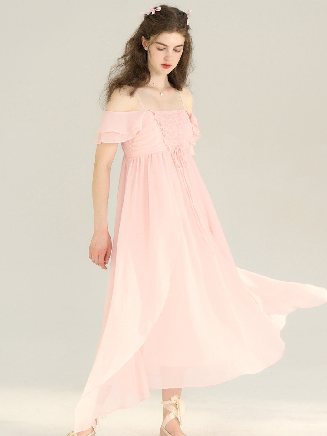 【Final Sale】Ariah Romantic Square Neck Ruffle Sleeves Pink Dress