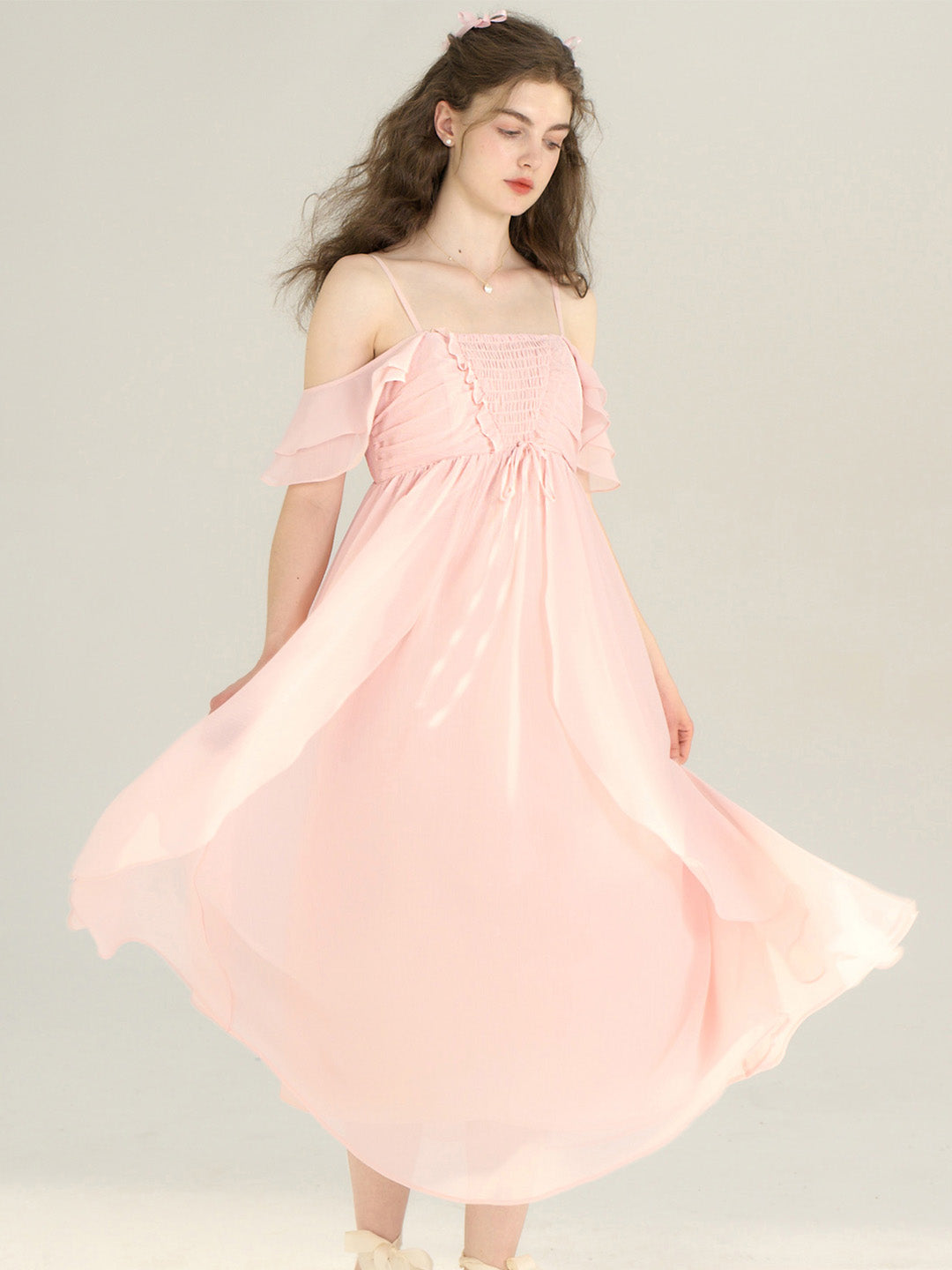 Ariah Romantic Square Neck Ruffle Sleeves Pink Dress