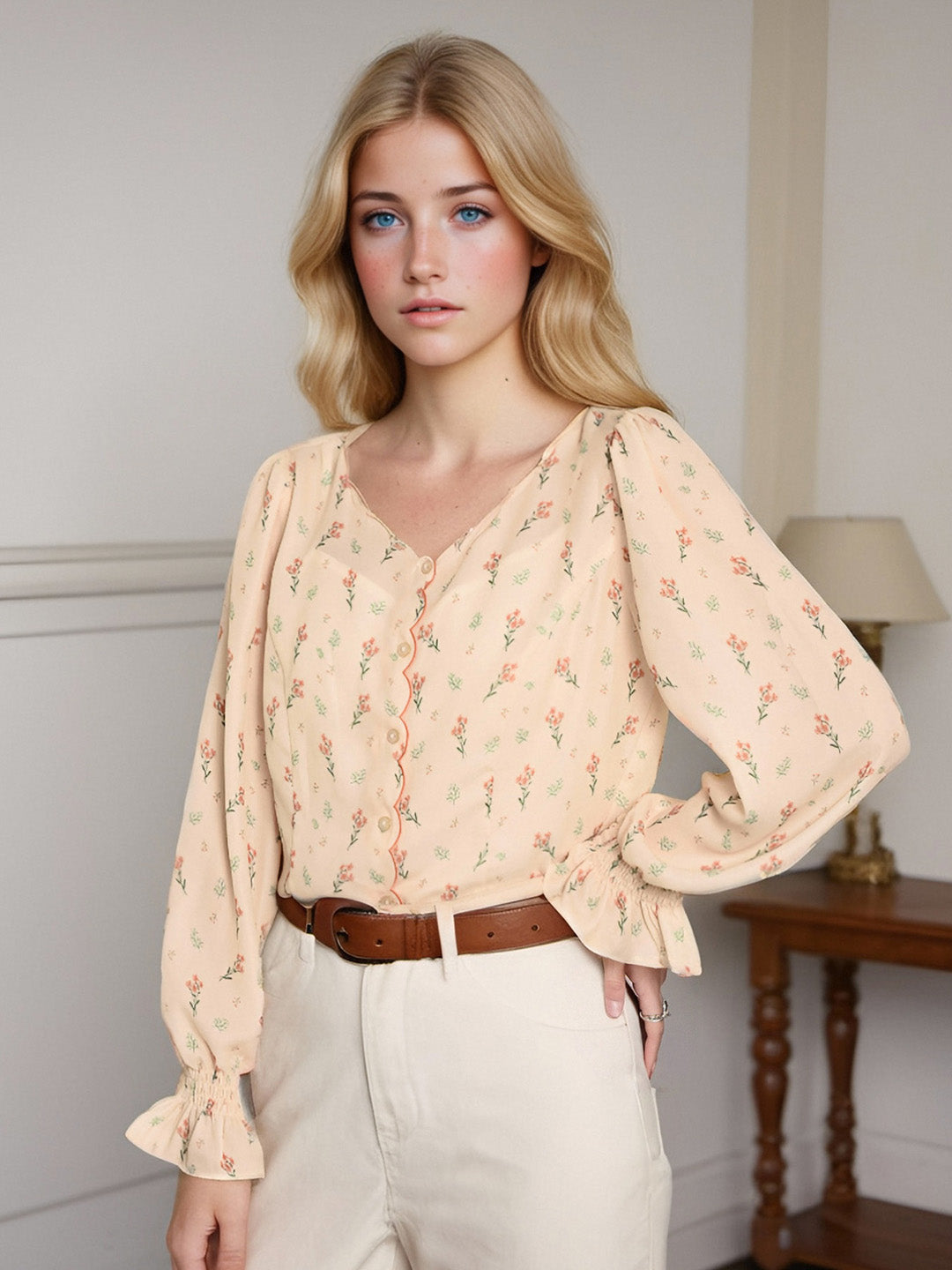 【Final Sale】Harlee Retro Wave V-Neck Floral Blouse