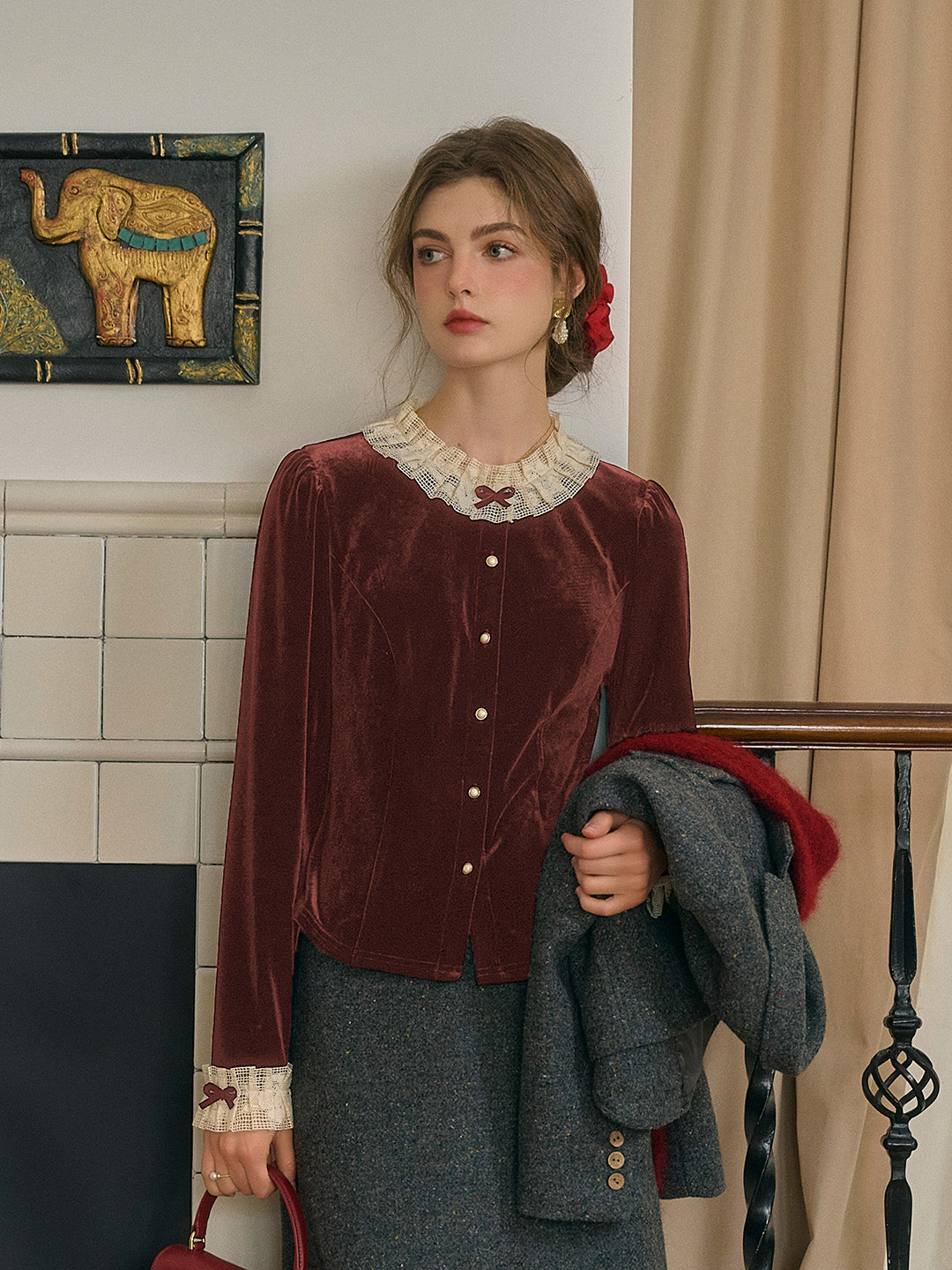 Azaria Round Collar Contrasting Lace Panel Bow Velvet Top - Red