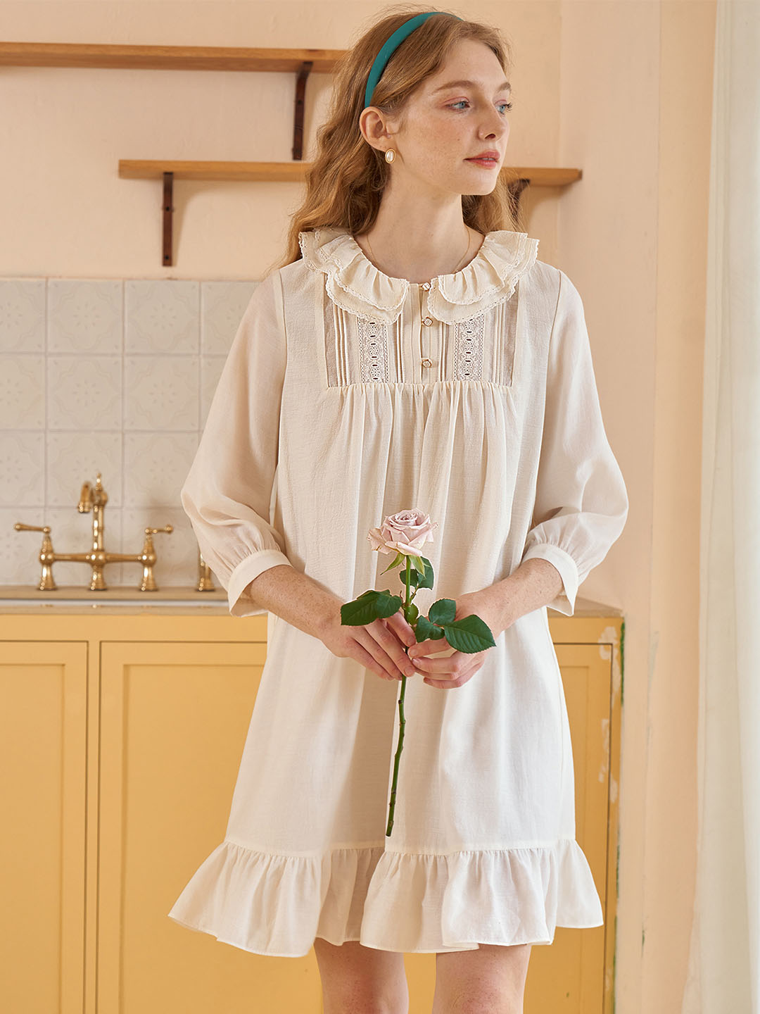 【Final Sale】Judith Sweet Double Collar Lace Panel Cotton Dress