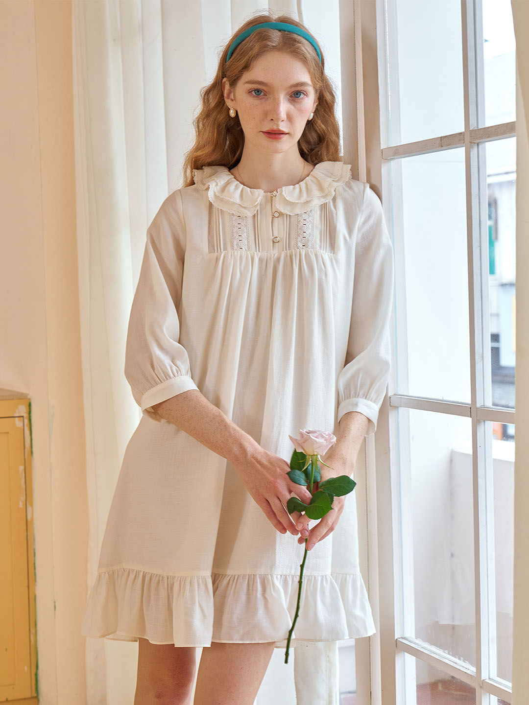 【Final Sale】Judith Sweet Double Collar Lace Panel Cotton Dress