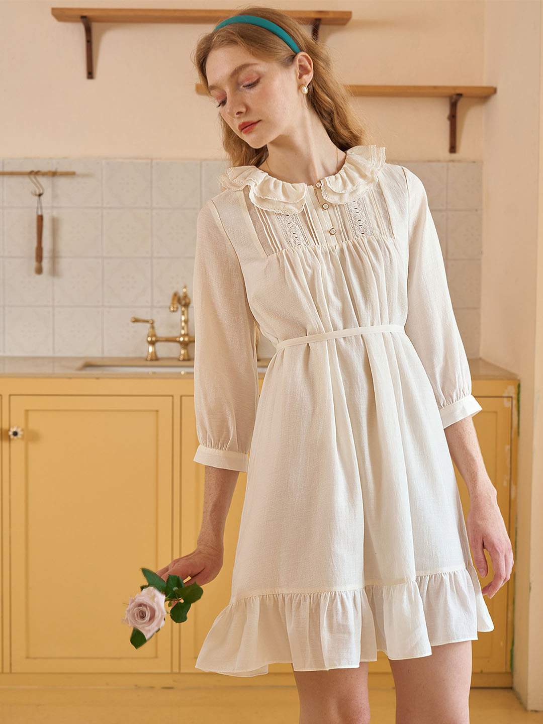 【Final Sale】Judith Sweet Double Collar Lace Panel Cotton Dress