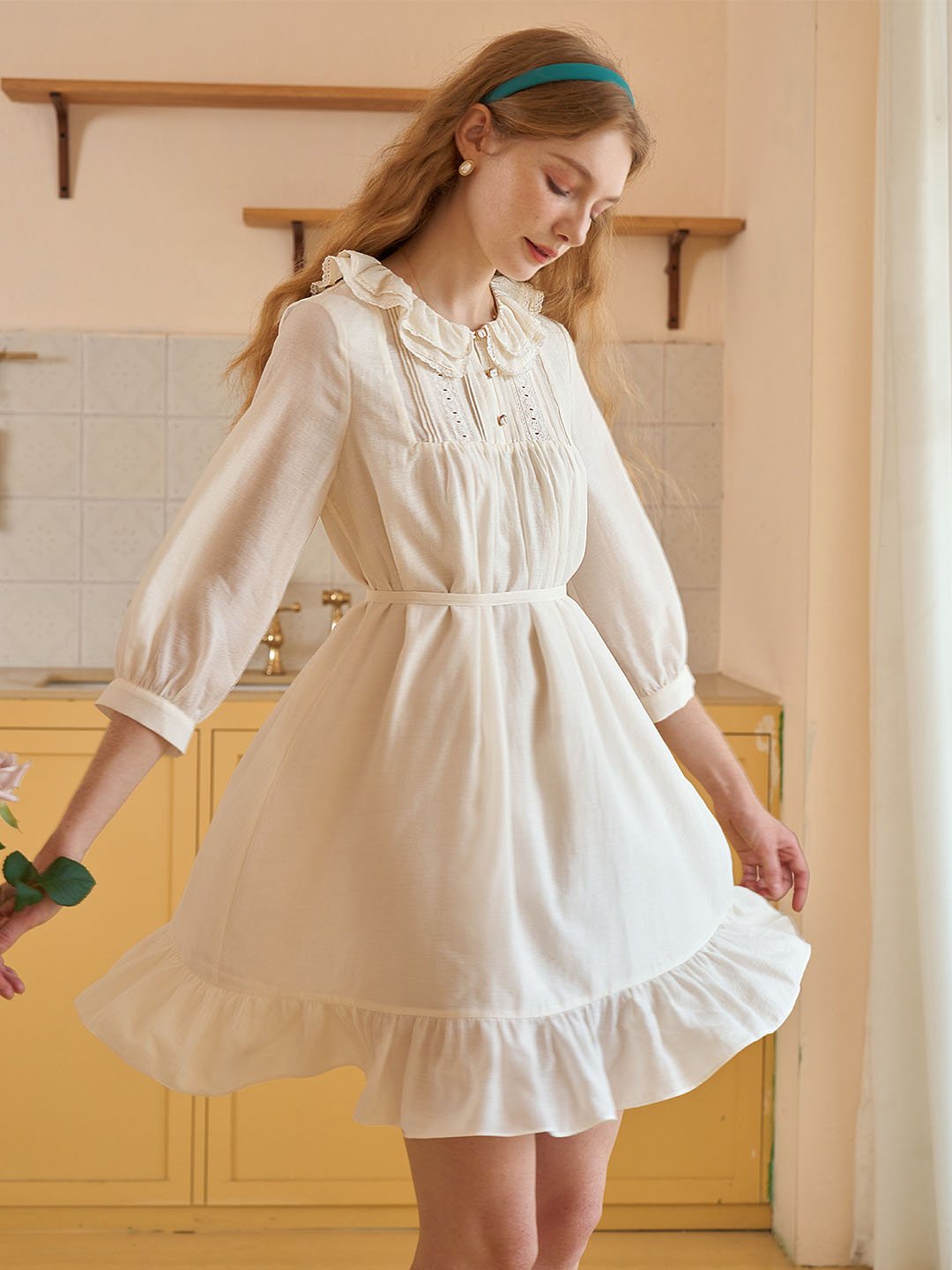 【Final Sale】Judith Sweet Double Collar Lace Panel Cotton Dress