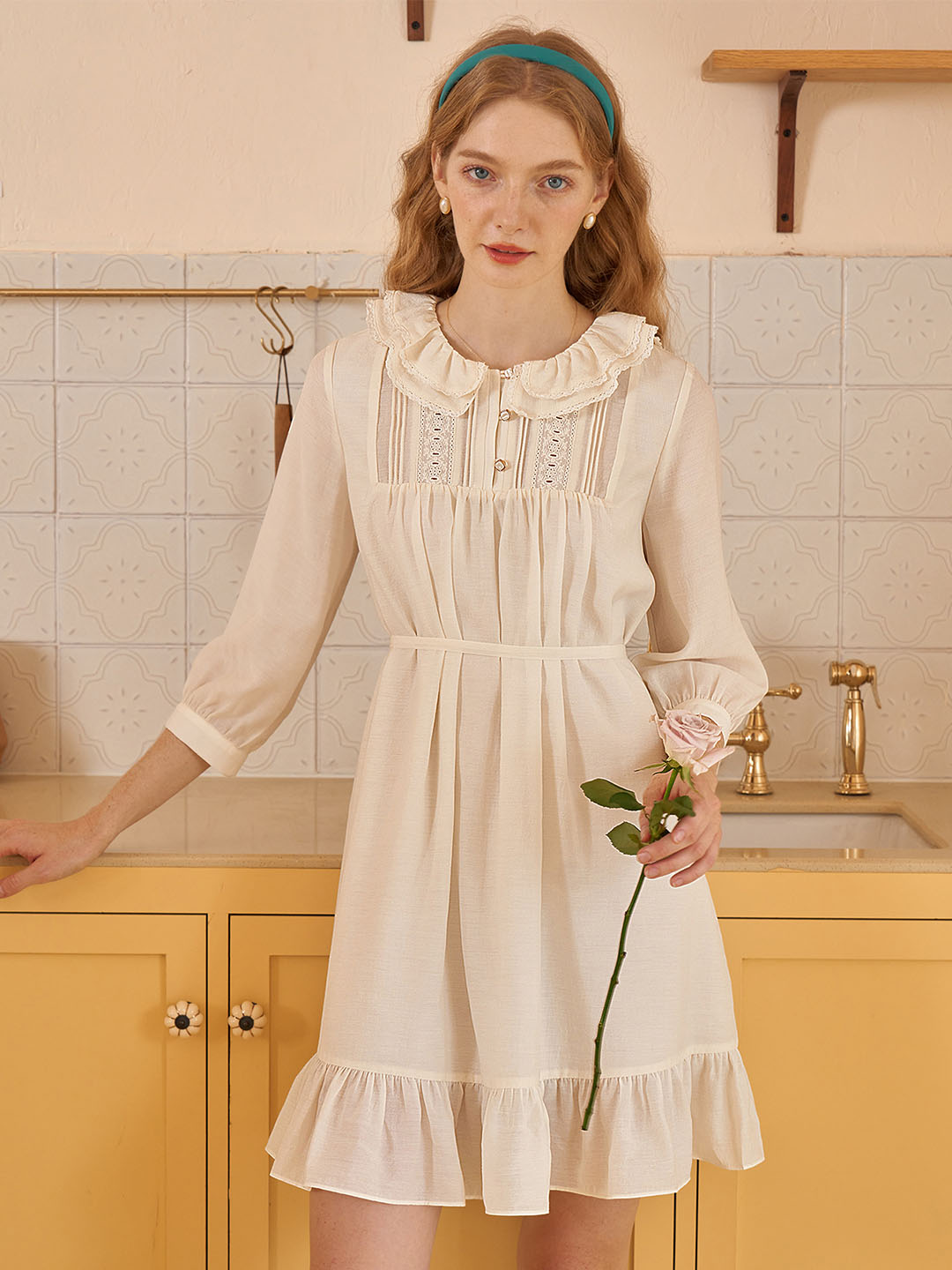 【Final Sale】Judith Sweet Double Collar Lace Panel Cotton Dress