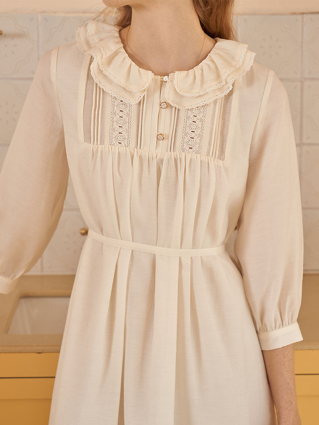 【Final Sale】Judith Sweet Double Collar Lace Panel Cotton Dress