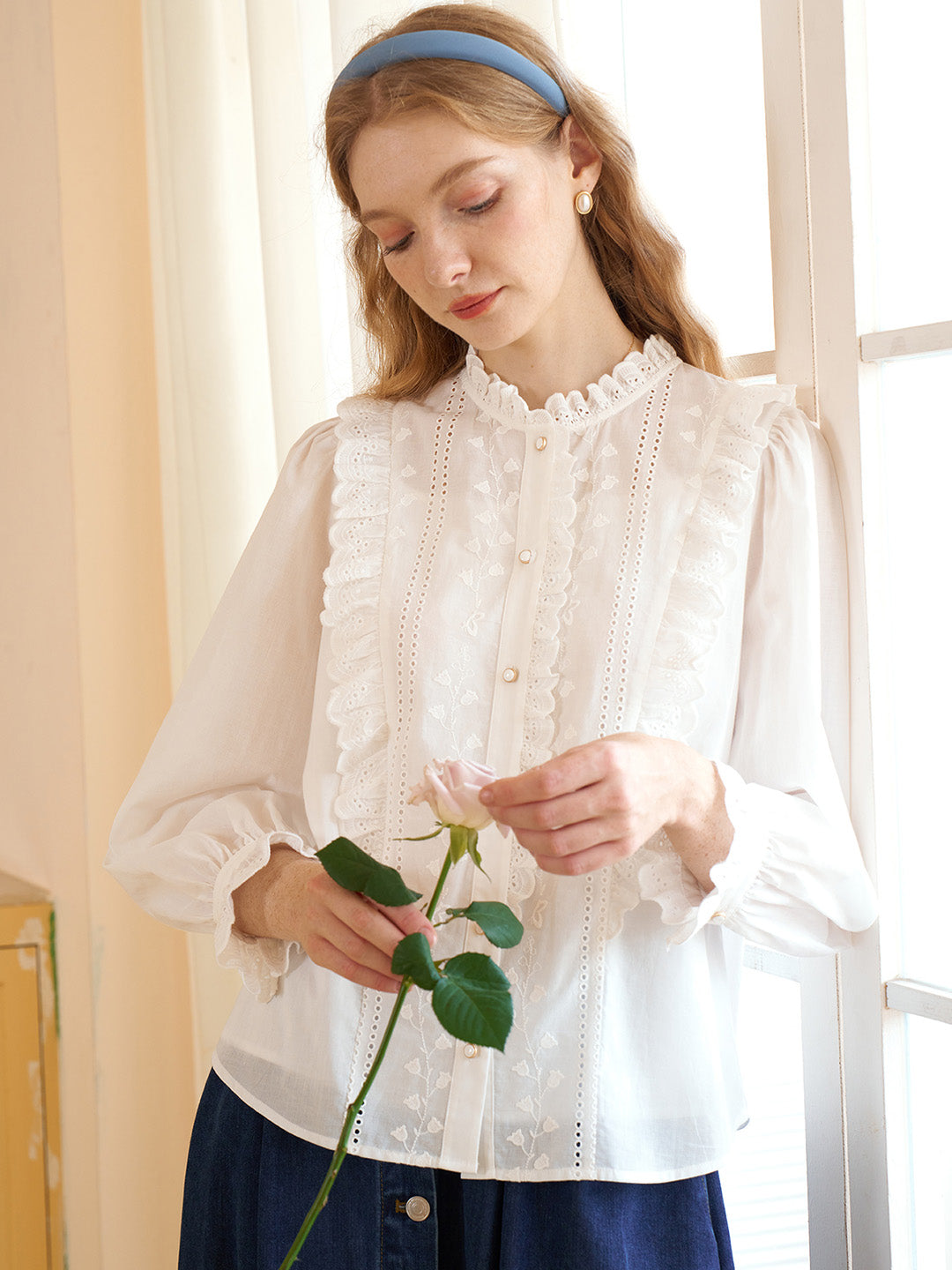 【Final Sale】Braelyn French Vintage Embroidery Lace Panel Cotton Blouse