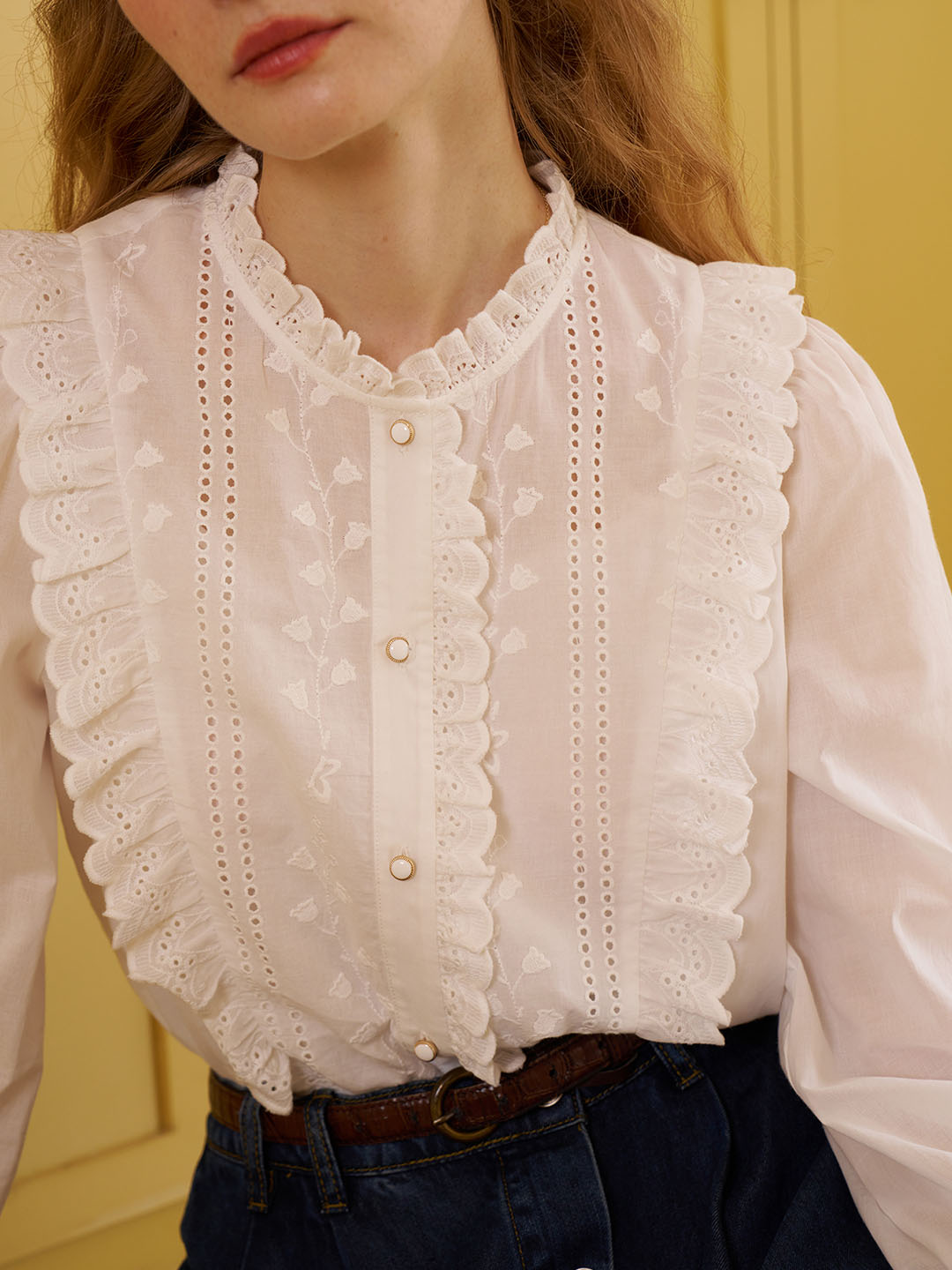 【Final Sale】Braelyn French Vintage Embroidery Lace Panel Cotton Blouse