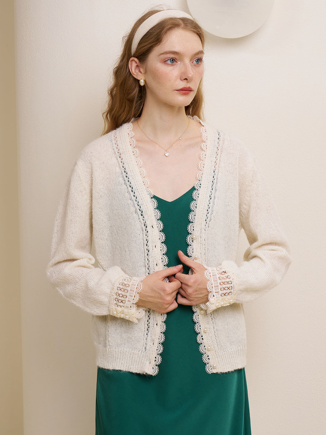 Giana V Neck Lace Panel Cutout Sweater Cardigan