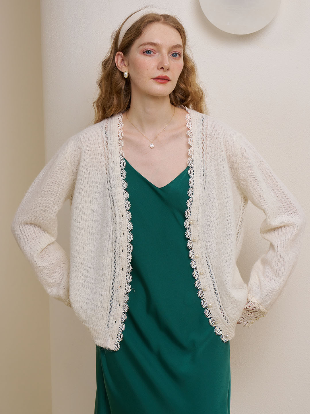 Giana V Neck Lace Panel Cutout Sweater Cardigan