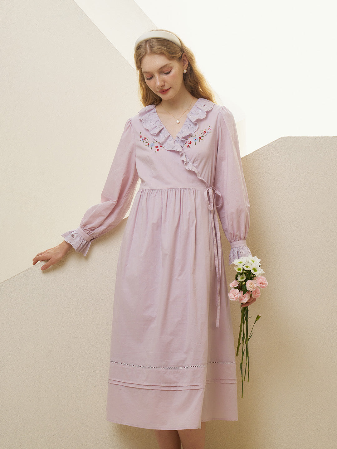 【Black Friday】Annika V-Neck Trimmed Embroidery Cotton Dress