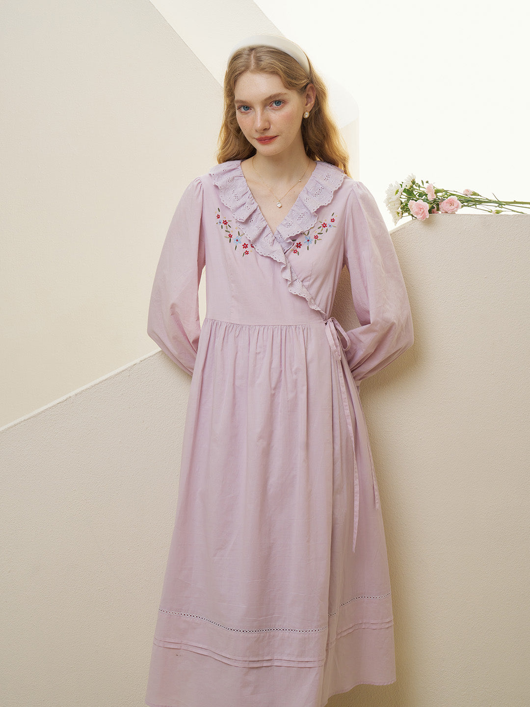 【Black Friday】Annika V-Neck Trimmed Embroidery Cotton Dress