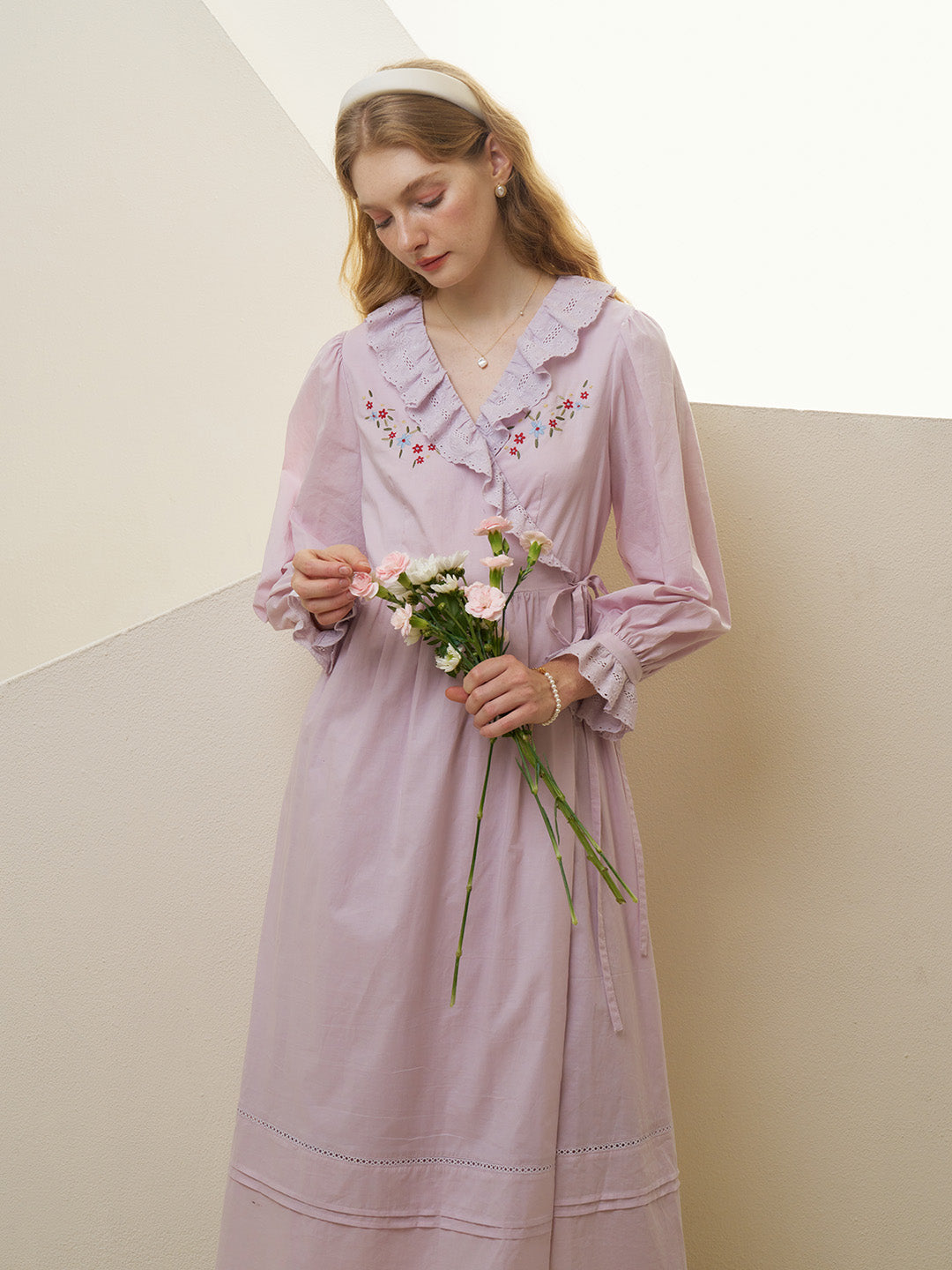 【Black Friday】Annika V-Neck Trimmed Embroidery Cotton Dress