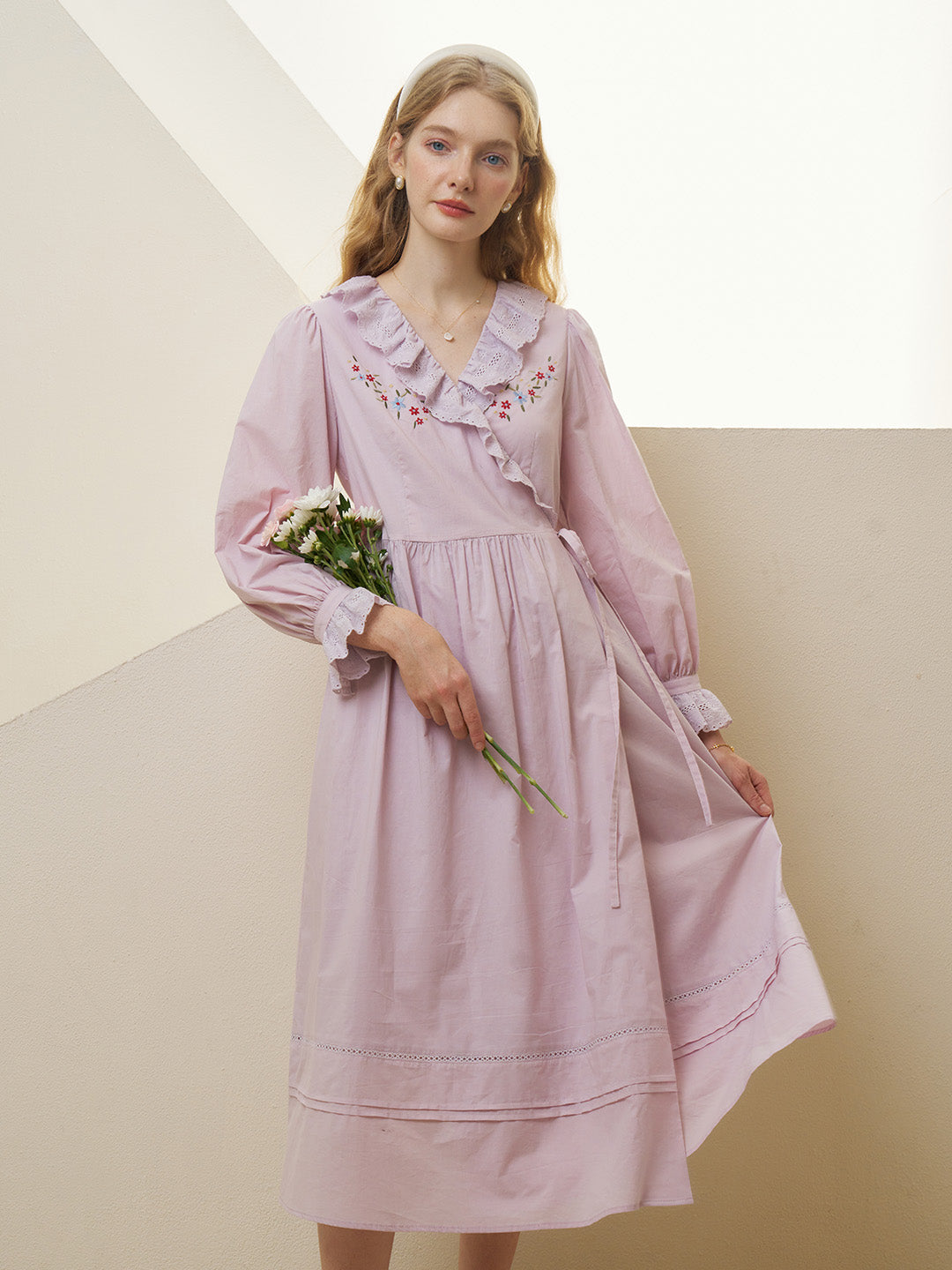 【Black Friday】Annika V-Neck Trimmed Embroidery Cotton Dress