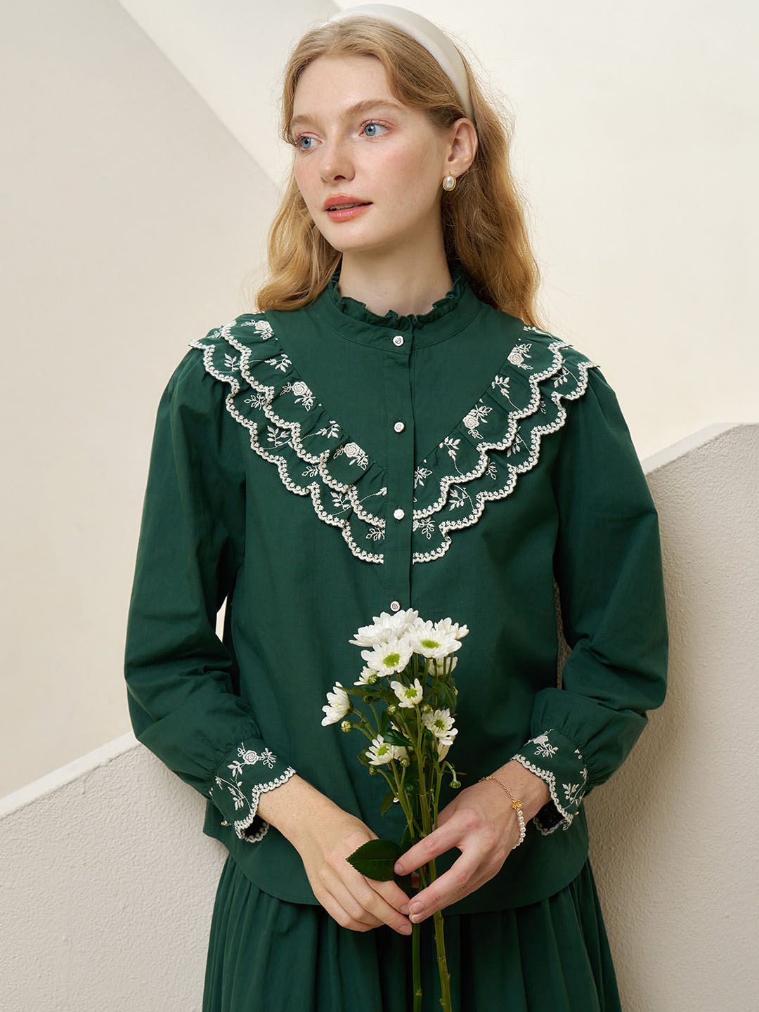 Celia Vintage Embroidered Lace Contrast Panel Cotton Blouse