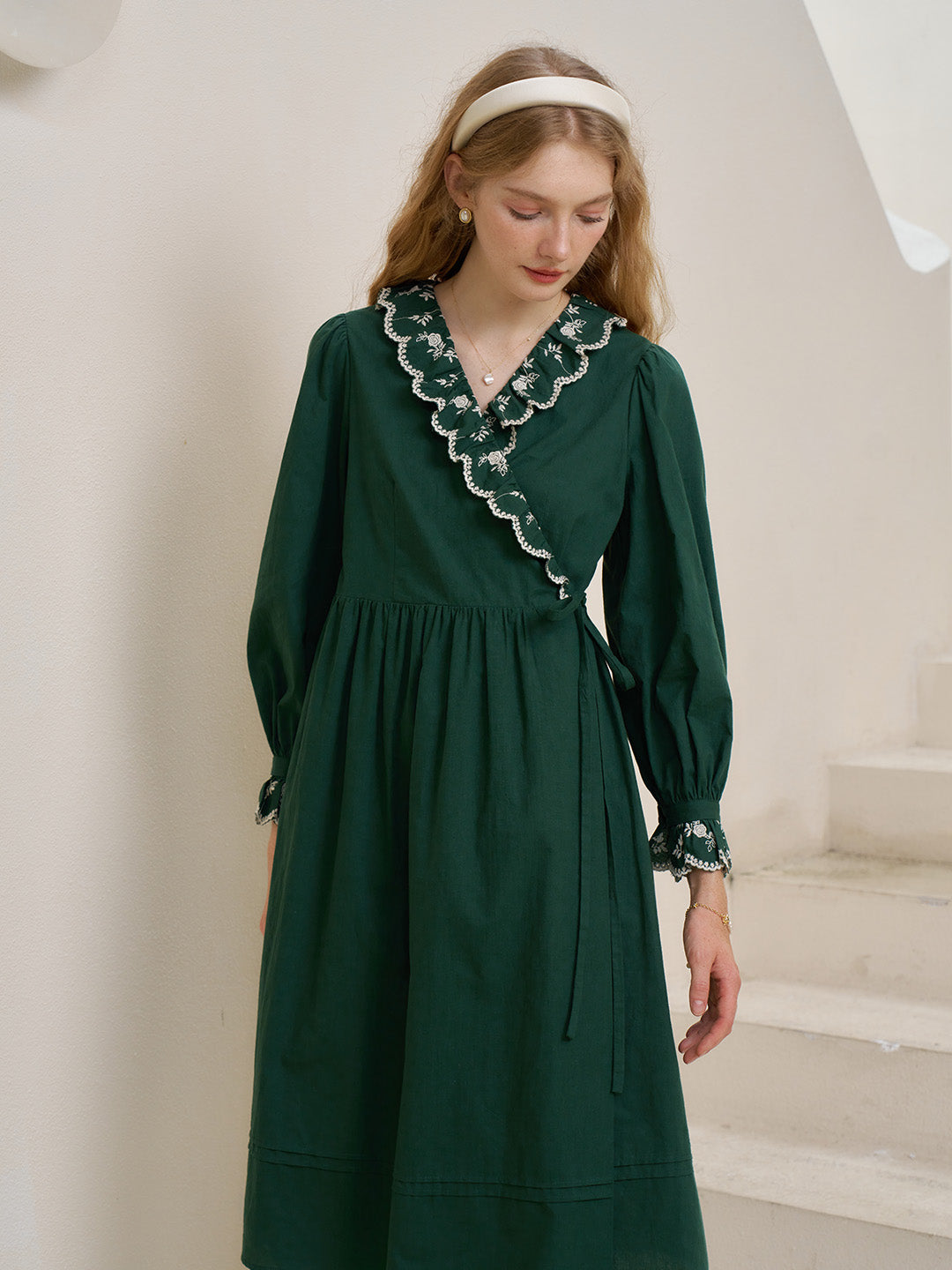 【Final Sale】Jemma V-neck Contrast Floral Embroidered Cotton Tea Dress