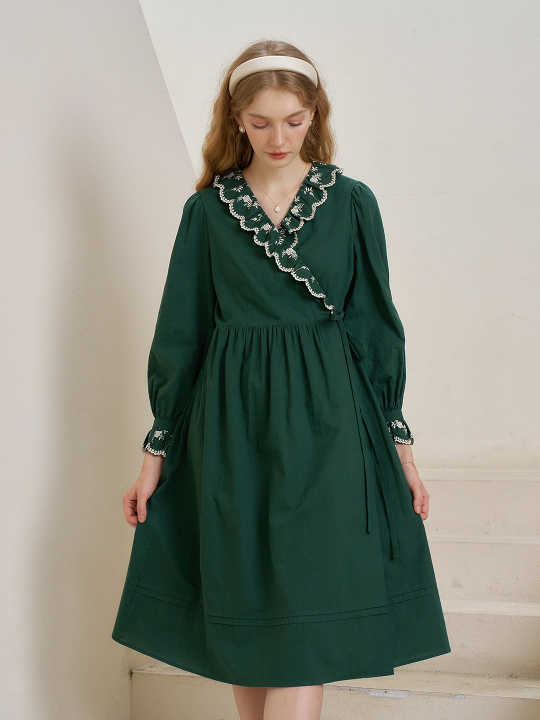 【Final Sale】Jemma V-neck Contrast Floral Embroidered Cotton Tea Dress