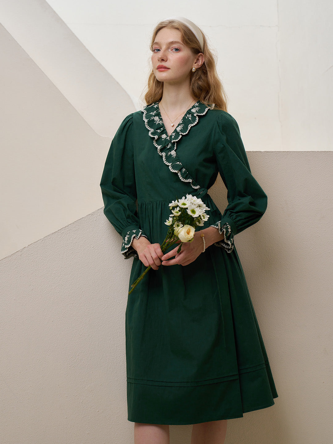 【Final Sale】Jemma V-neck Contrast Floral Embroidered Cotton Tea Dress