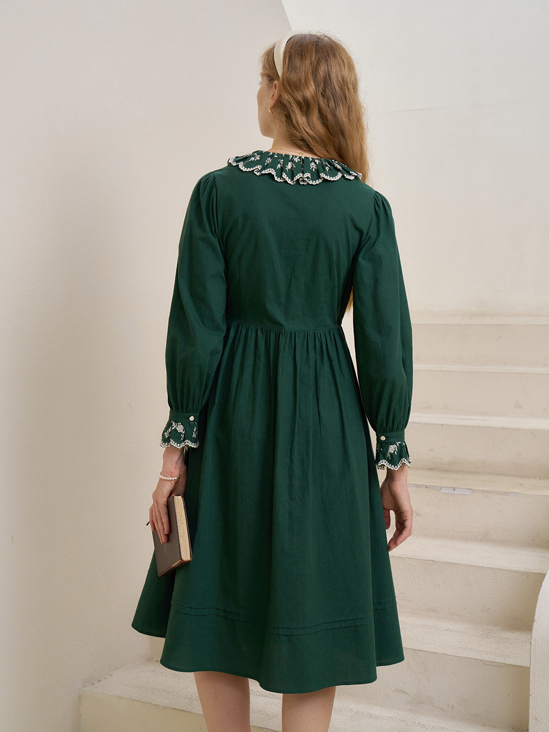 【Final Sale】Jemma V-neck Contrast Floral Embroidered Cotton Tea Dress