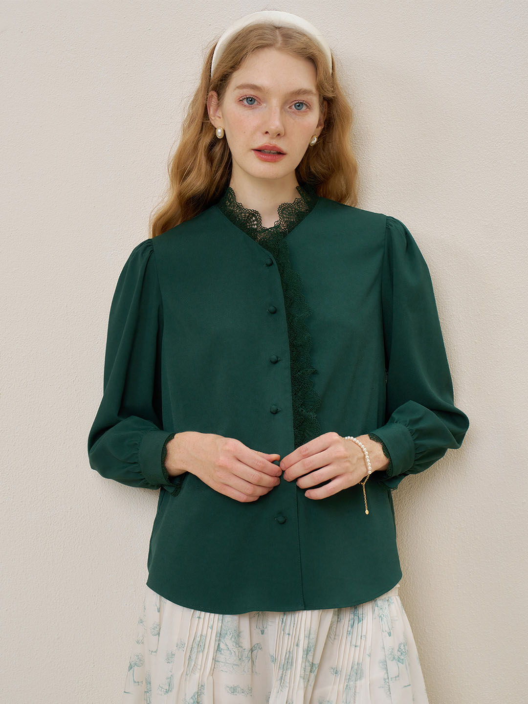 【Final Sale】Hanna Puff Sleeve Green Lace Blouse