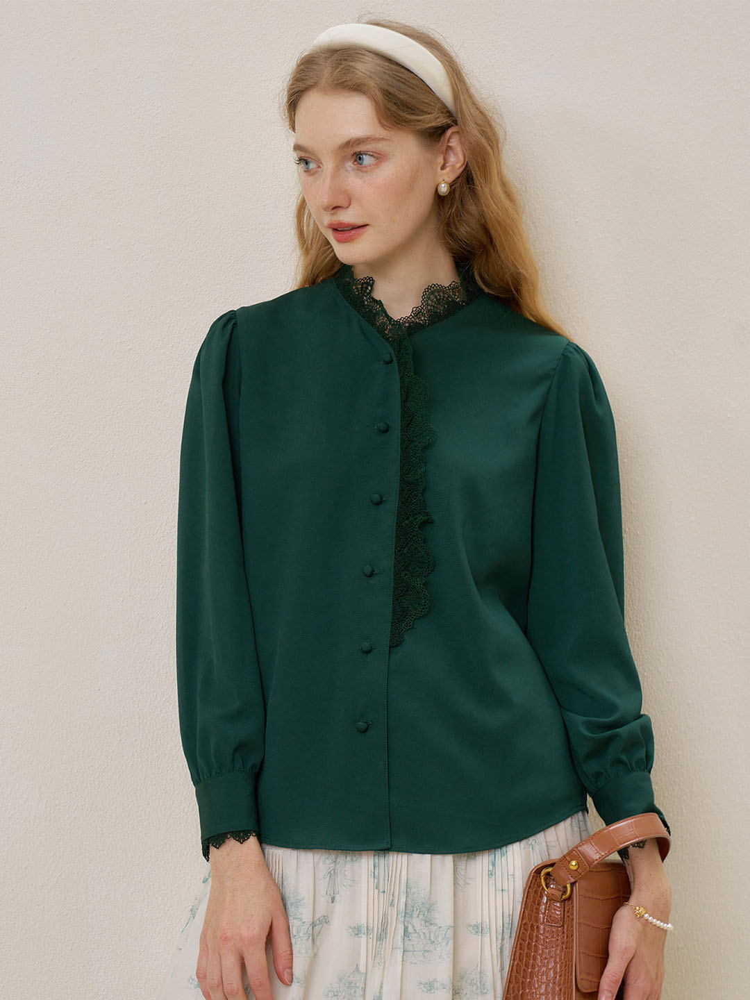 【Final Sale】Hanna Puff Sleeve Green Lace Blouse