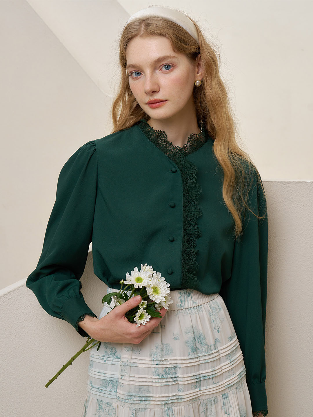 【Final Sale】Hanna Puff Sleeve Green Lace Blouse